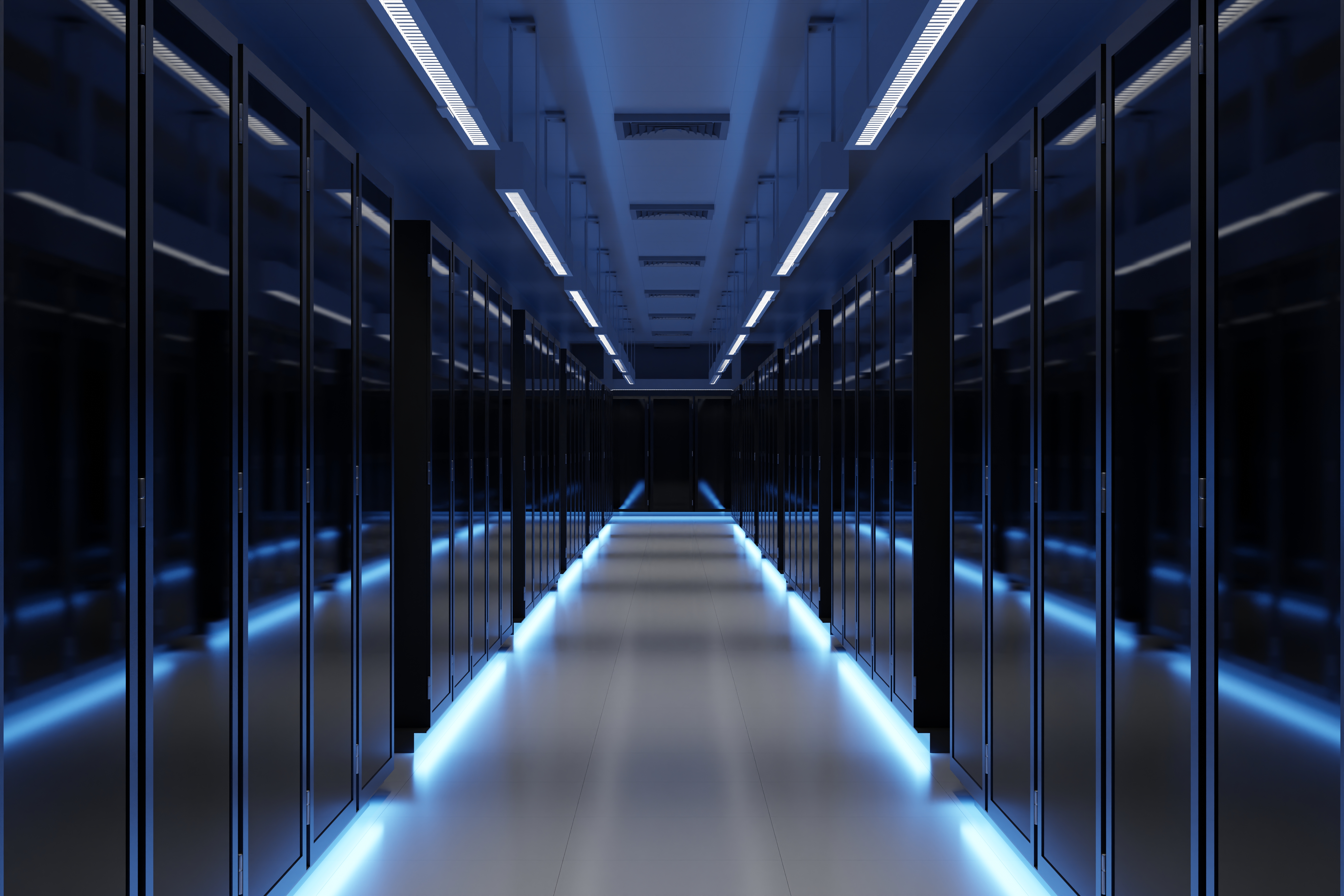 A hallway with rows of servers