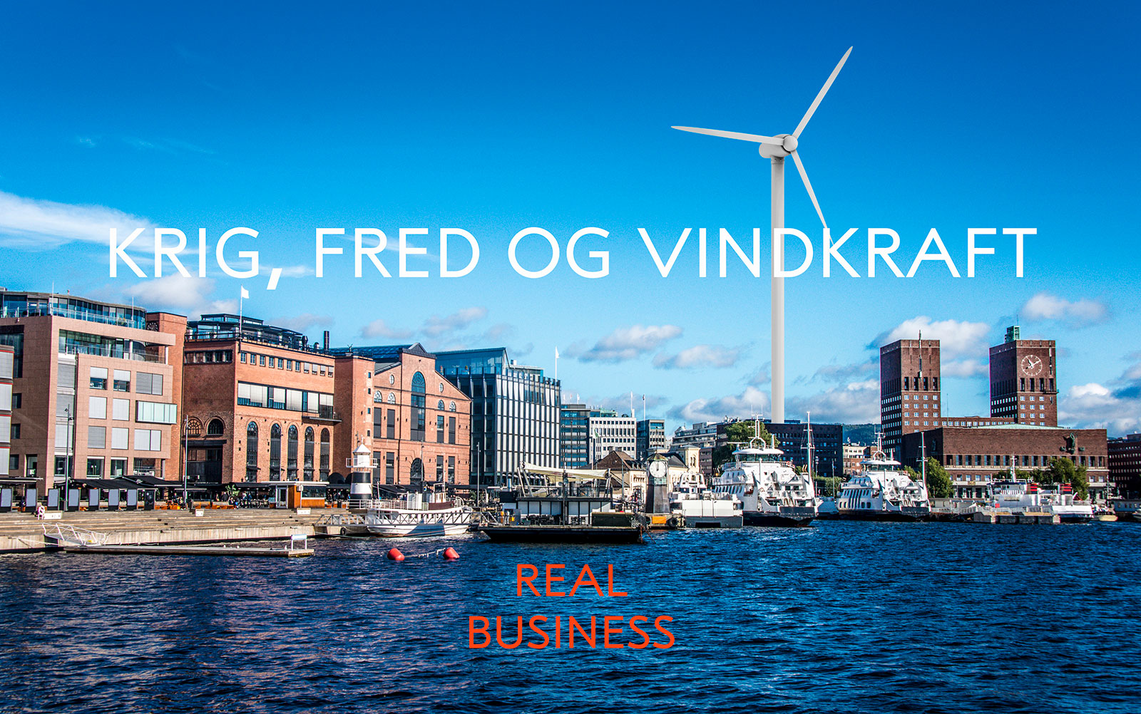 Aker brygge med vindmølle i bakgrunnen (fotomanipulasjon)