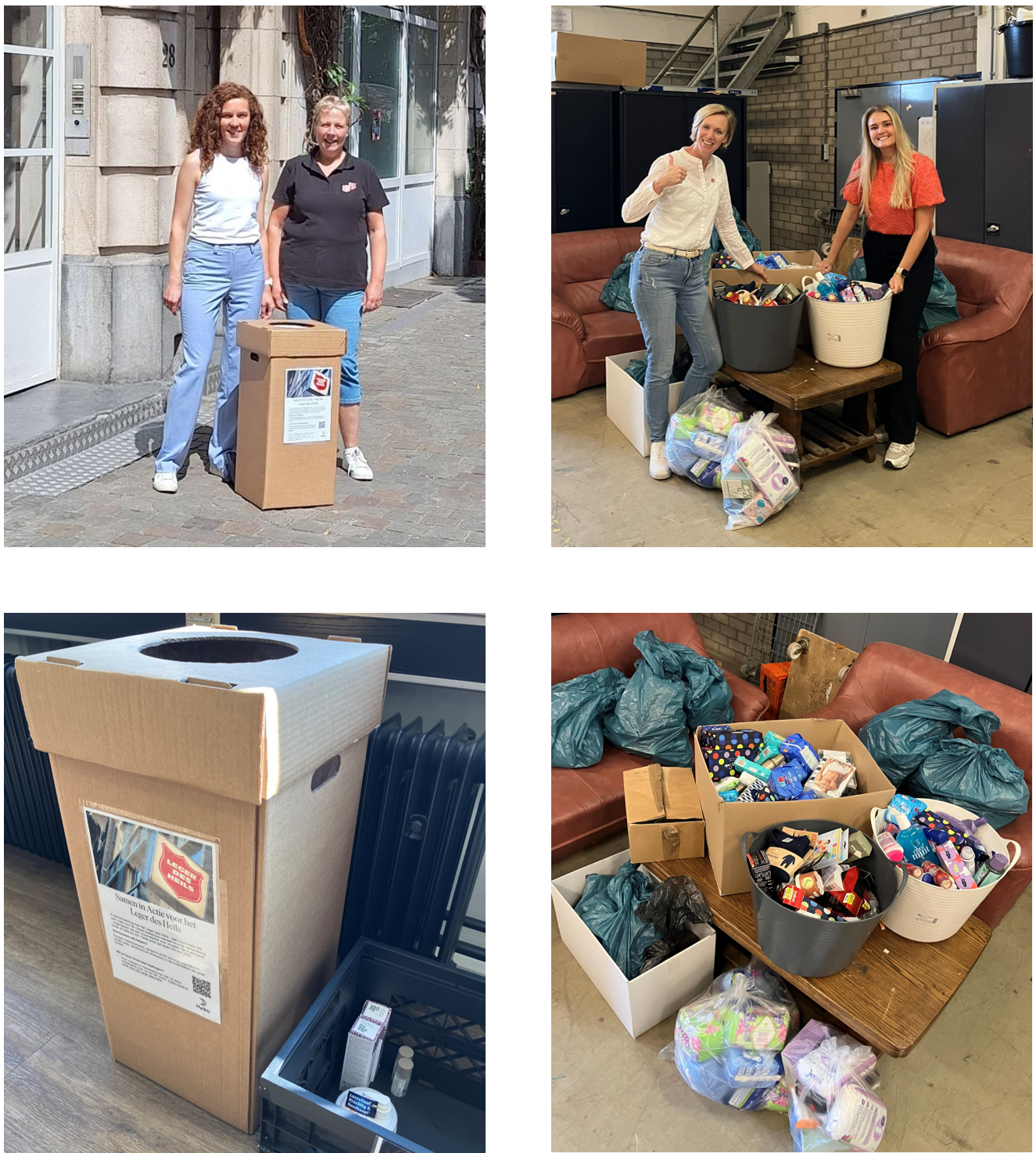 a group of people standing in a room with boxes and furniture