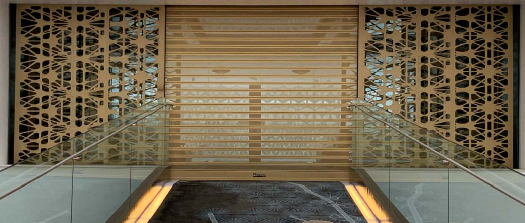 a room with a glass door